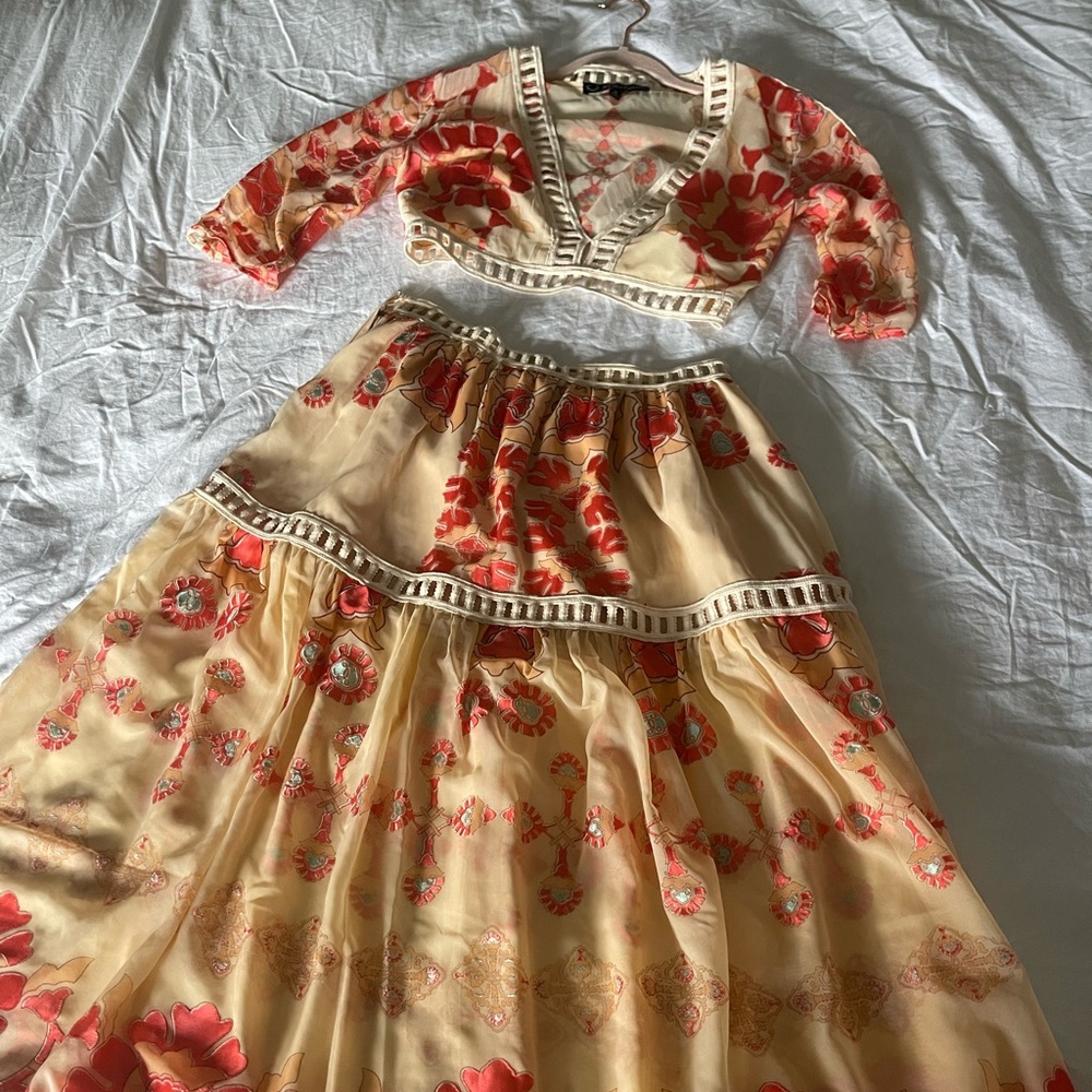 For Love And Lemons Orange Pink Flutter Sleeve Midi Skirt Set - Picture 6 of 7